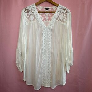NEW DIRECTIONS Woven Top 1X Boho Style Short Sleeve Casual‎ Tunic Blouse Artsy